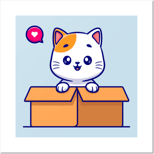 Cute Cat Playing In Box Cartoon Posters and Art